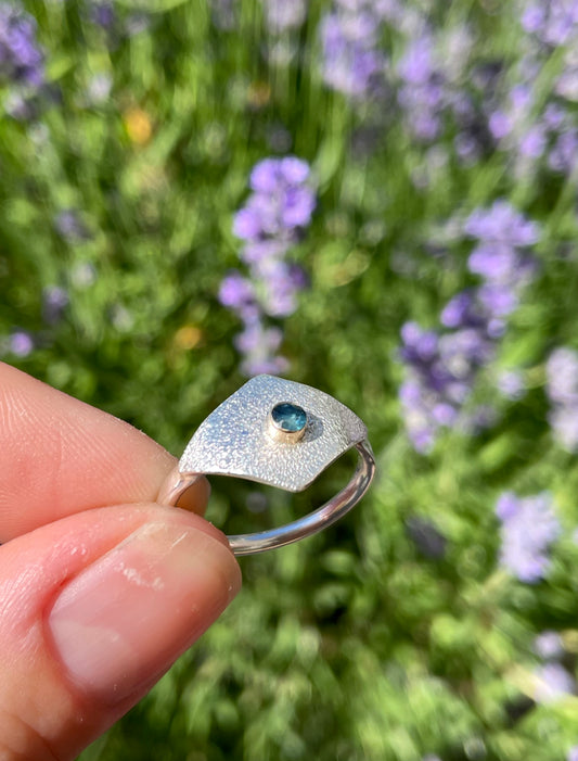 Sterling and 14k Gold Shield Ring with Montana Sapphire size 8
