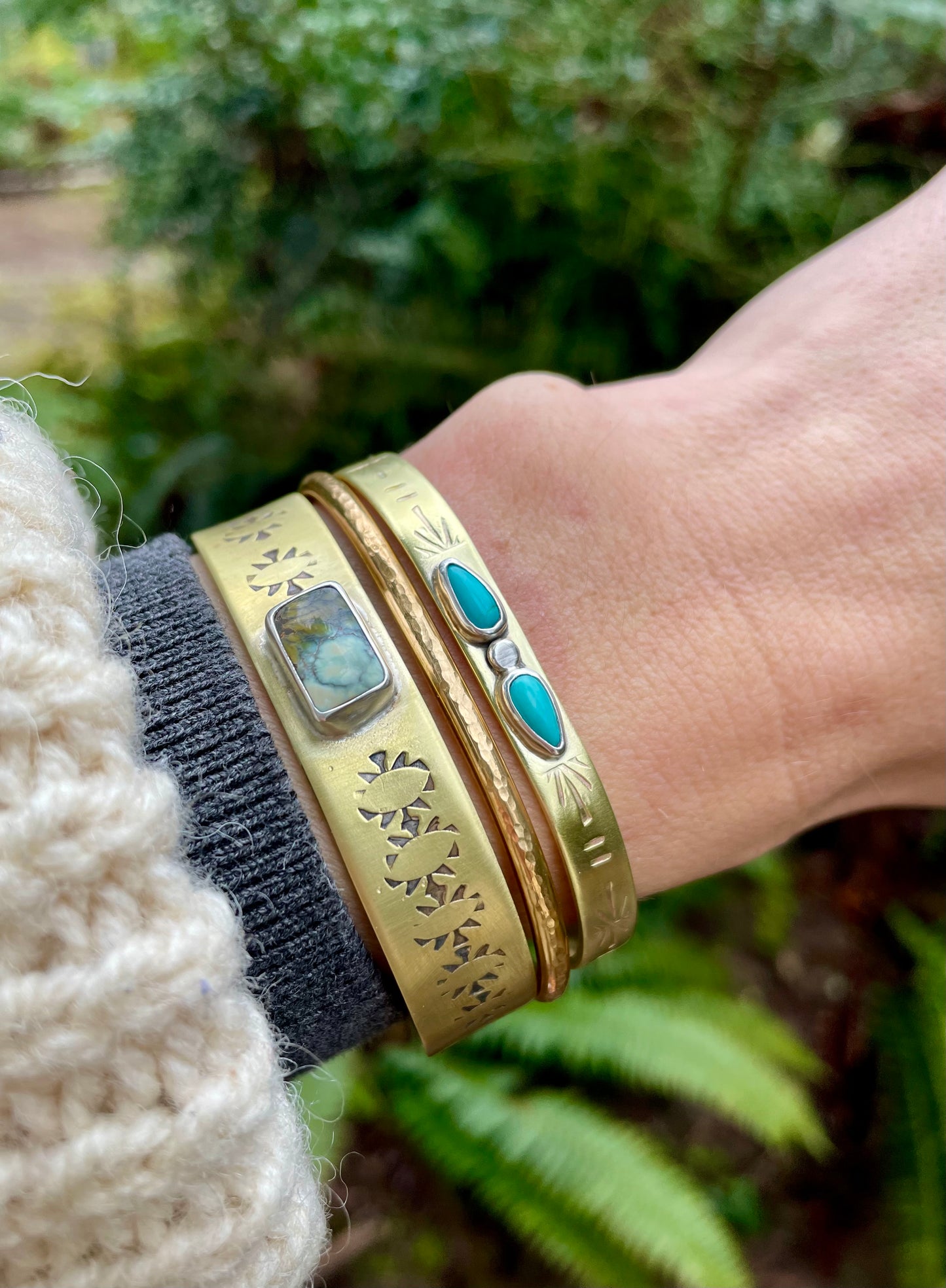 Double Turquoise Brass Cuff 1