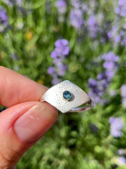 Sterling and 14k Gold Shield Ring with Montana Sapphire size 8