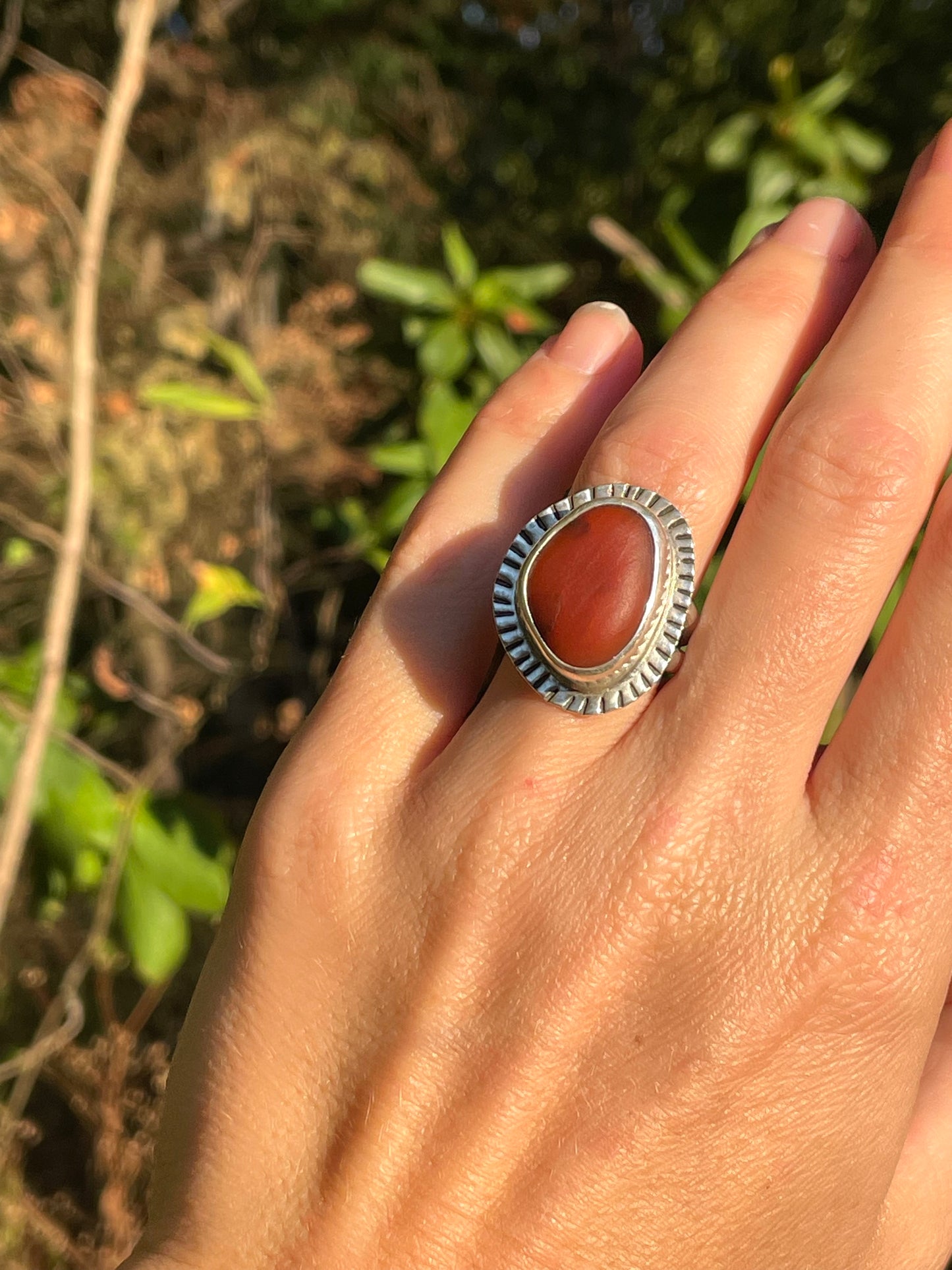 Red beach stone statement ring