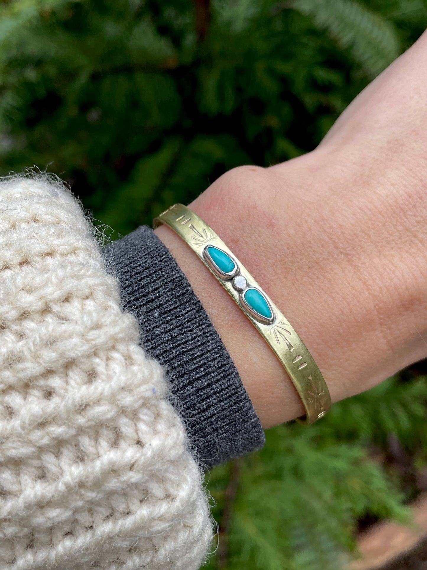 Double Turquoise Brass Cuff 1