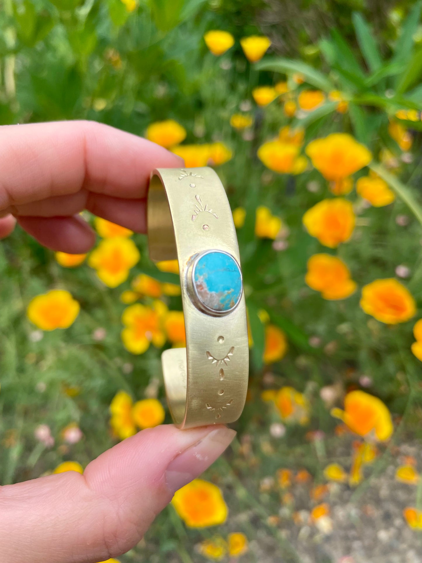 Stamped Brass Cuff with Turquoise 2
