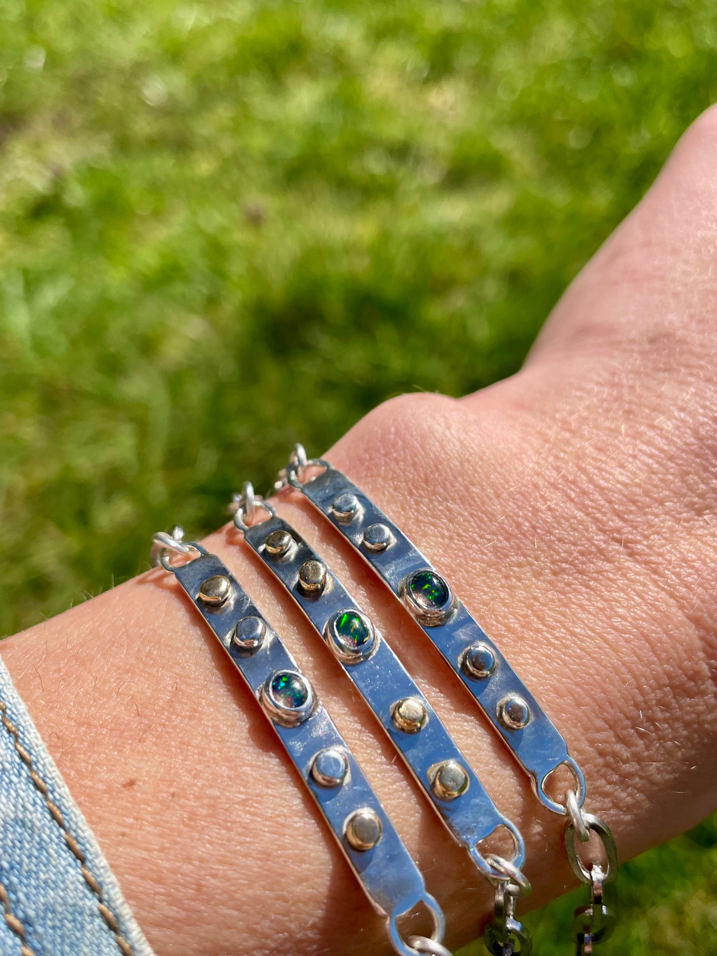 Opal Sterling Bar Bracelet with brass