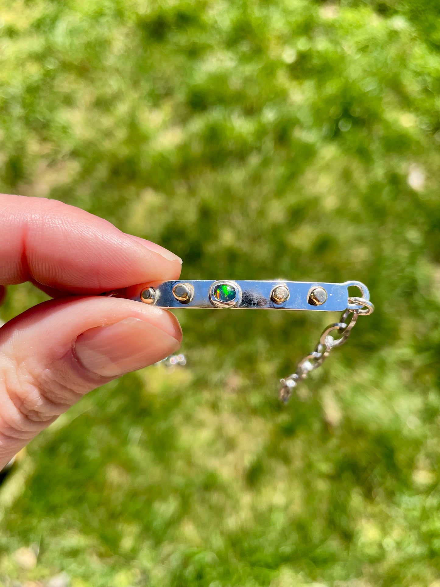Opal Sterling Bar Bracelet with brass
