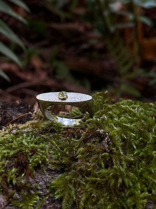 Silver and 14k gold peridot ring