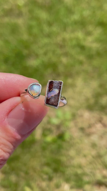 Fire and Boulder Opal split ring, size 8-9